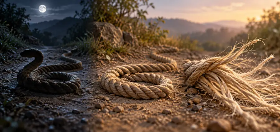 La serpiente aparente, la cuerda y sus fibras de cáñamo